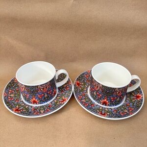 Set of 2 Dunoon William Morris Snakeshead Design Fine Bone China Teacup & Saucer